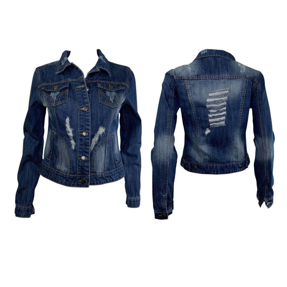 On Twelfth Distressed Jean Jacket Size S Rips Blue Trucker Denim Faded Med Wash
